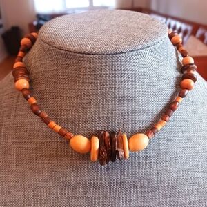 Wood and Coconut Beaded Choker Necklace - Pre-loved (15")